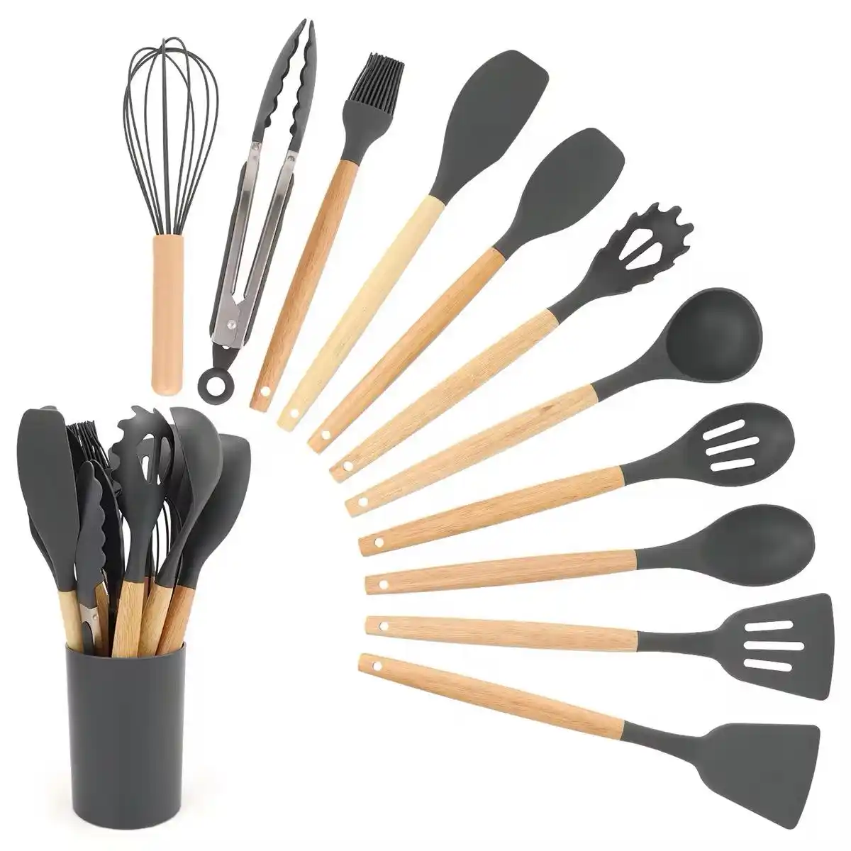 12pcs Wooden Silicone Kitchen Utensil Nonstick S